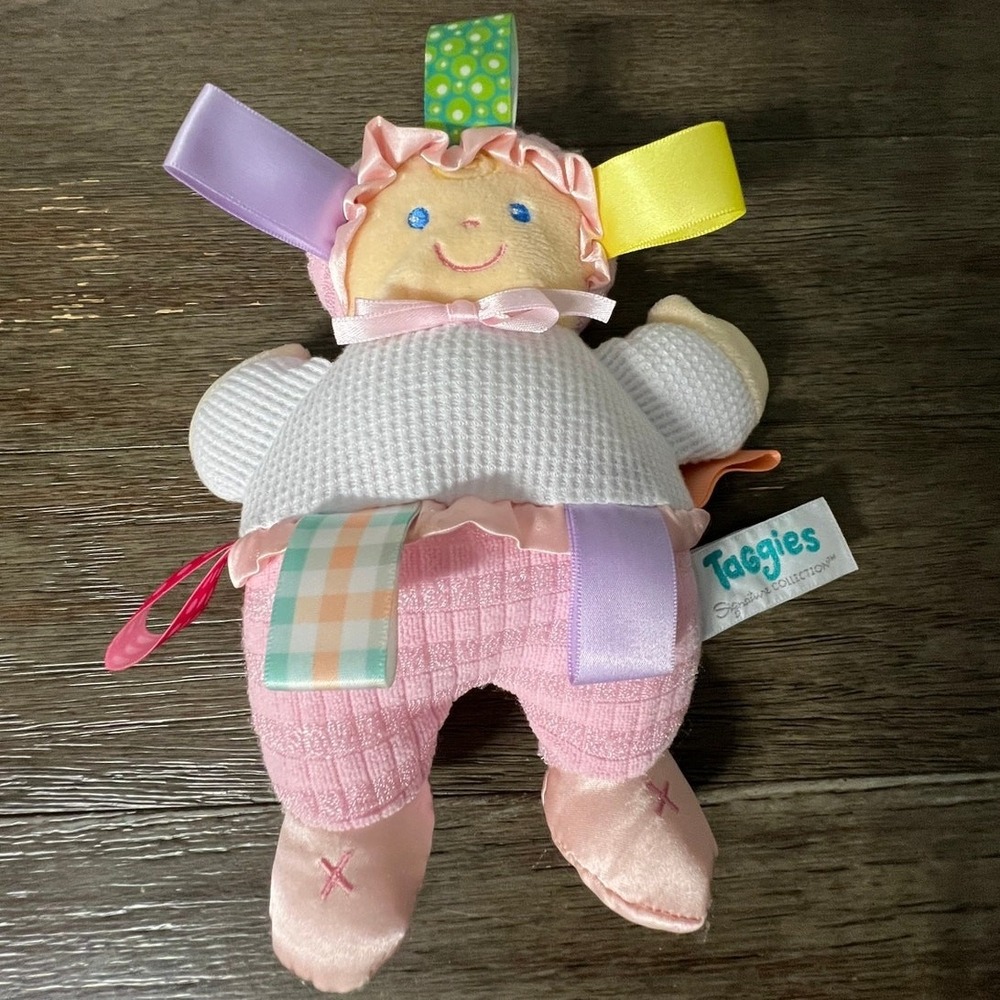 Taggies Signature Collection Baby Doll Plush Pink White Sensory Rattle Toy